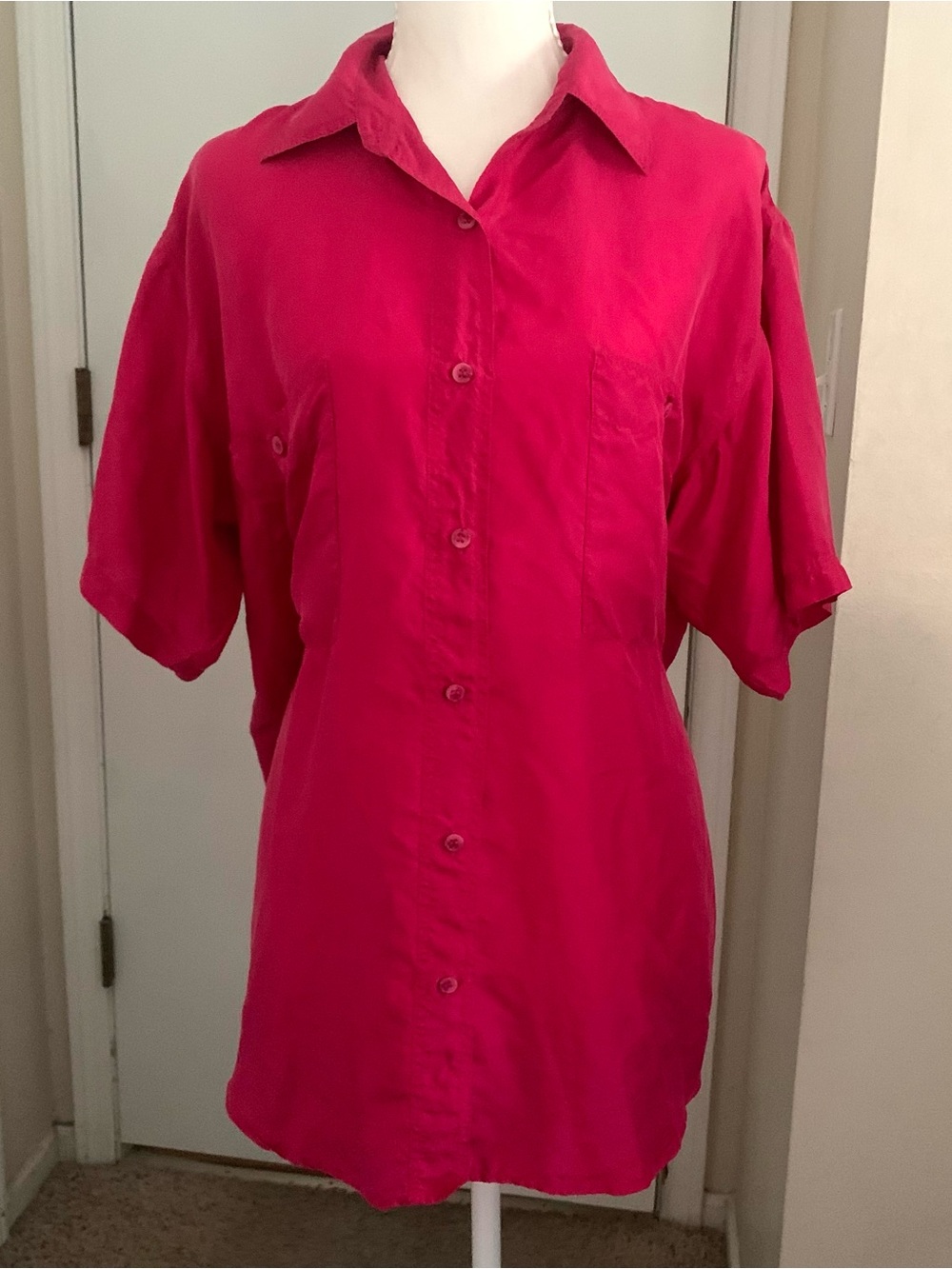 Vintage Silk Shirt Jewel Tone Dark Pink Fuscia Short Sleeve Collared Coreen Sz M
